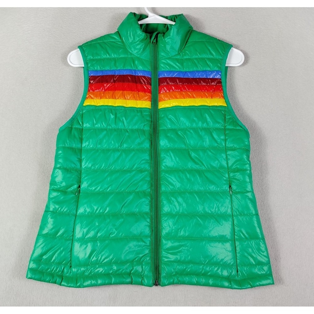 TCEC Vest Womens Small‎ Green Quilted Puffer Full Zip Rainbow Striped Outdoor